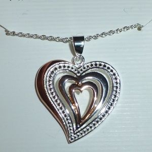 Heart Pendant Necklace, Two Tone Layered, Silver & Gold, 30” Chain, Romantic Nwt